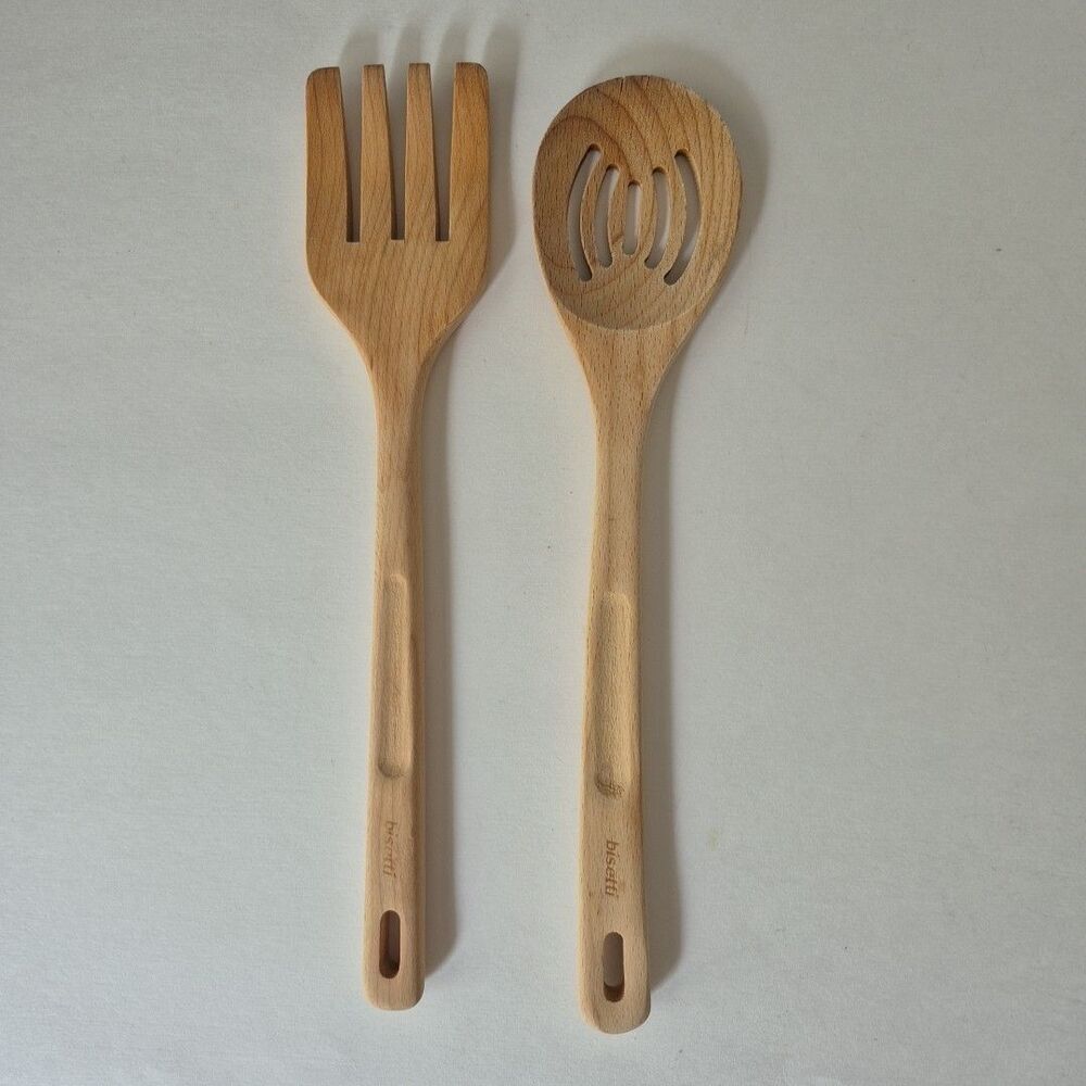 Bisetti Natural Wood Slotted Spoon and Fork Set Kitchen Utensils 13 IN Italy